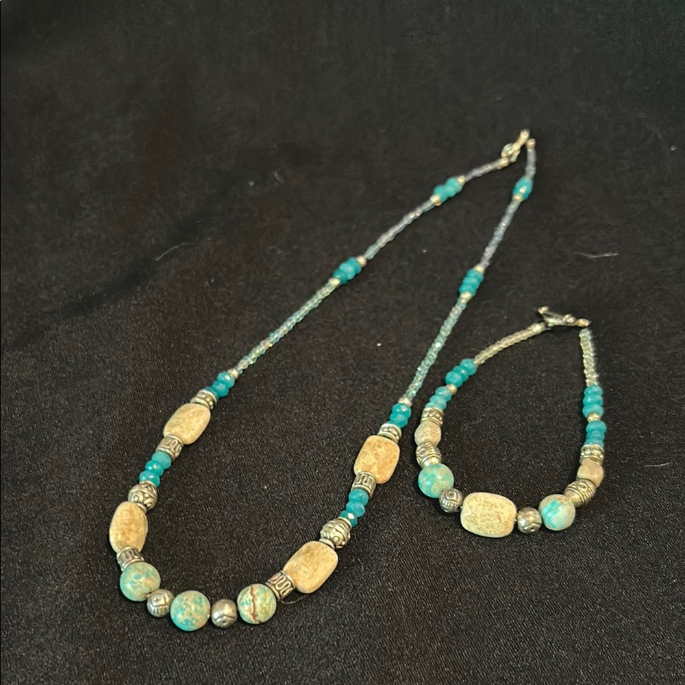Turquoise and sandstone Beaded Necklace and Bracelet Set